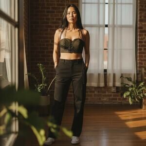 Womens Crop Top Size XL Bra Halter Lace Up Corset Dark Green Festival Rave Goth